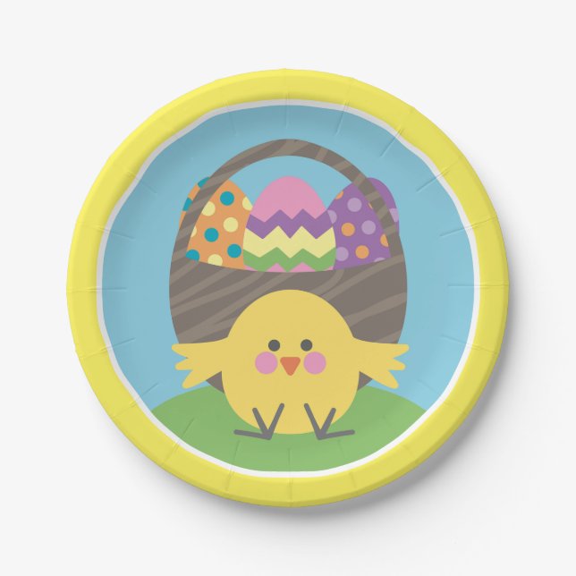 Coloful Chick and Easter Eggs Easter Party Paper Plate (Front)