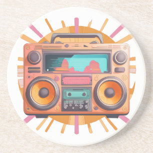Coloful retro 80s boombox with a sunburst in the. coaster