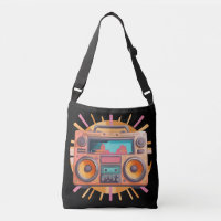 Coloful retro 80s boombox with a sunburst in the.