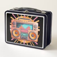 Coloful retro 80s boombox with a sunburst in the.