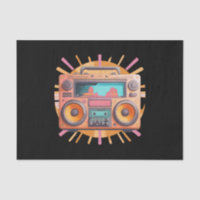 Coloful retro 80s boombox with a sunburst in the.