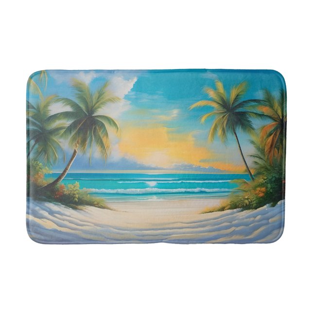 Coloful Tropical Paradise Sea & Palm Trees Bath Mat (Front)