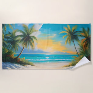 Coloful Tropical Paradise Sea & Palm Trees Beach Towel