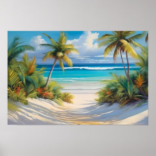 Coloful Tropical Paradise Sea & Palm Trees Poster