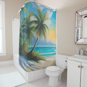 Coloful Tropical Paradise Sea & Palm Trees Shower Curtain