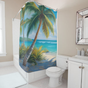 Coloful Tropical Paradise Sea & Palm Trees Shower Curtain