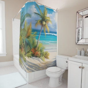 Coloful Tropical Paradise Sea & Palm Trees Shower Curtain