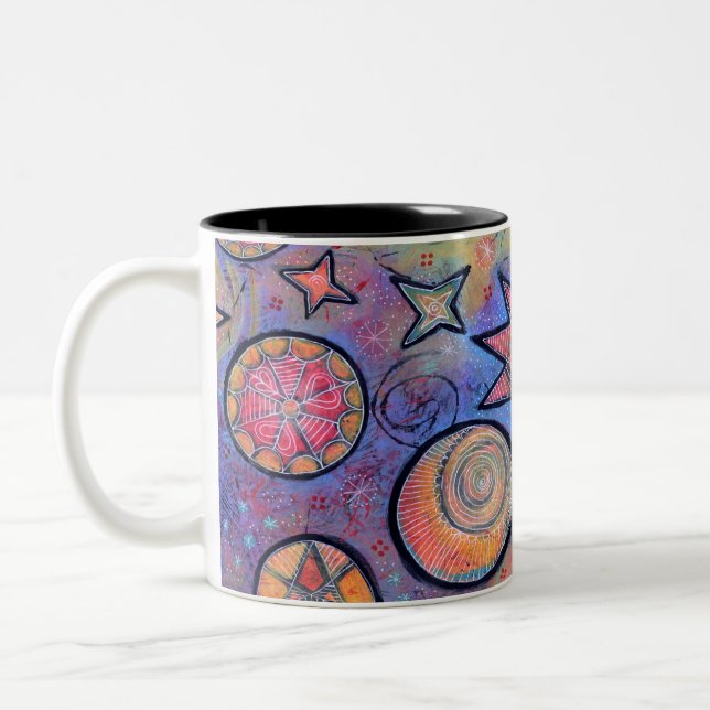 Coloful, Whmsical Celestial Cosmos Design Two-Tone Coffee Mug (Left)