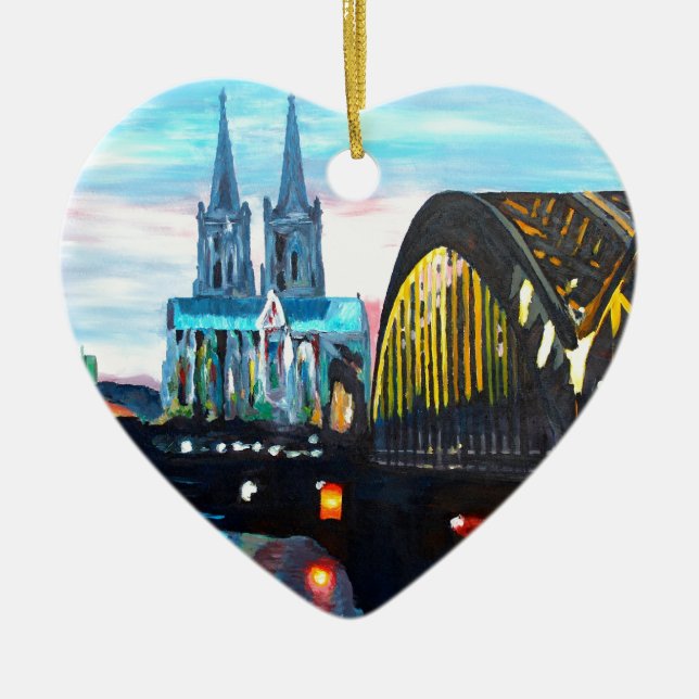 Cologne Cathedral with Hohenzollernbridge Ceramic Tree Decoration (Front)