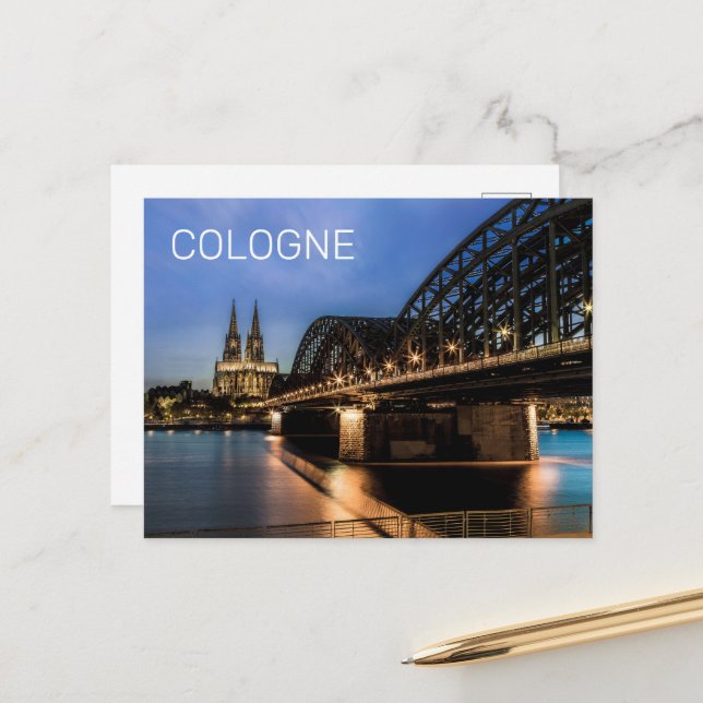 Cologne Cityscape Germany Dom Night Souvenir Holiday Postcard (Front/Back In Situ)