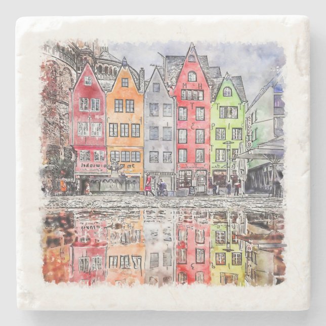 Cologne Germany Hand Drawn Watercolor Sketch Stone Coaster (Front)
