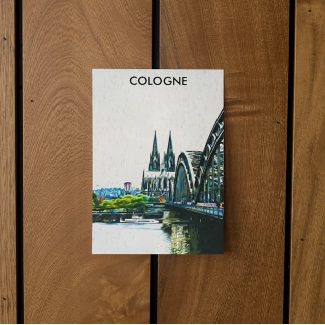 Cologne Germany Panorama View Painting Postcard (cologne rhein river cathedral postcard)