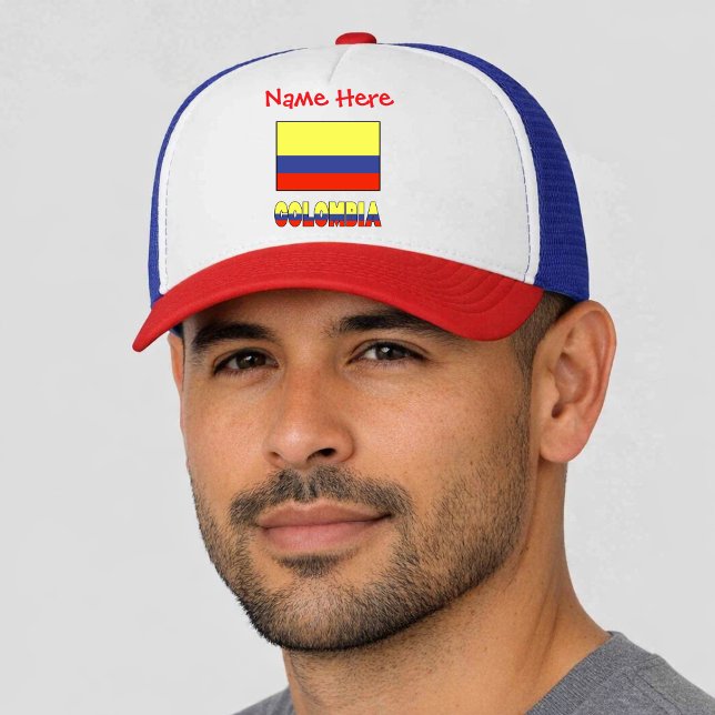 Colombia Colombian Flag Red Personalised  Trucker Hat (Personalized trucker hat has Colombian Flag and COLOMBIA below in flag colors. Add name above in red)