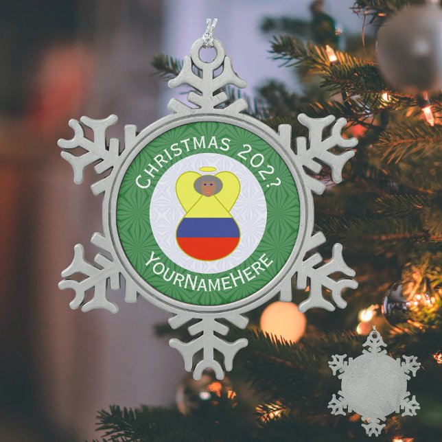 Colombia Flag Christmas Angel Abuela Name Year Snowflake Pewter Christmas Ornament (Creator Uploaded)