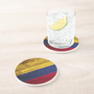 Colombia Flag on Old Wood Grain Coaster