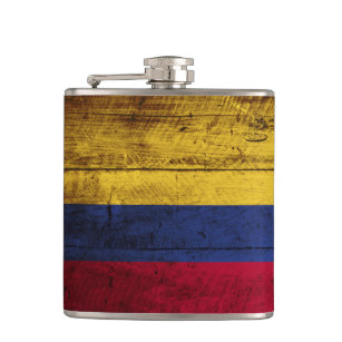 Colombia Flag on Old Wood Grain Hip Flask