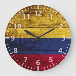 Colombia Flag on Old Wood Grain Large Clock