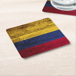 Colombia Flag on Old Wood Grain Square Paper Coaster