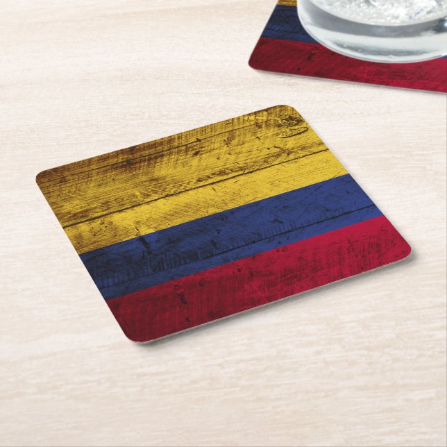 Colombia Flag on Old Wood Grain Square Paper Coaster (Angled)