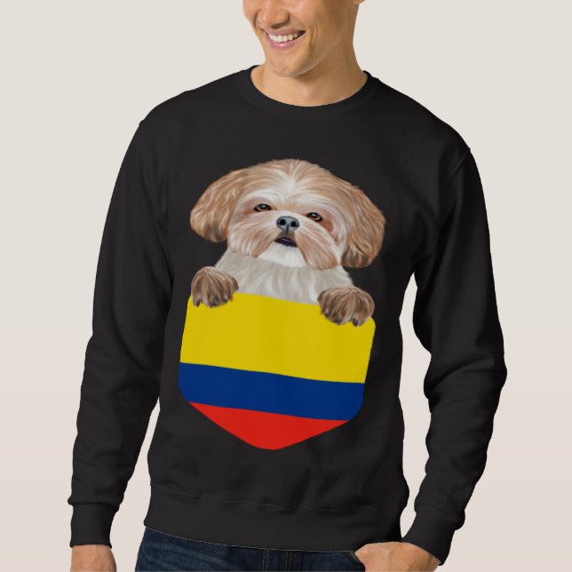 Colombia Flag Shih Tzu Dog In Pocket Sweatshirt (Front)