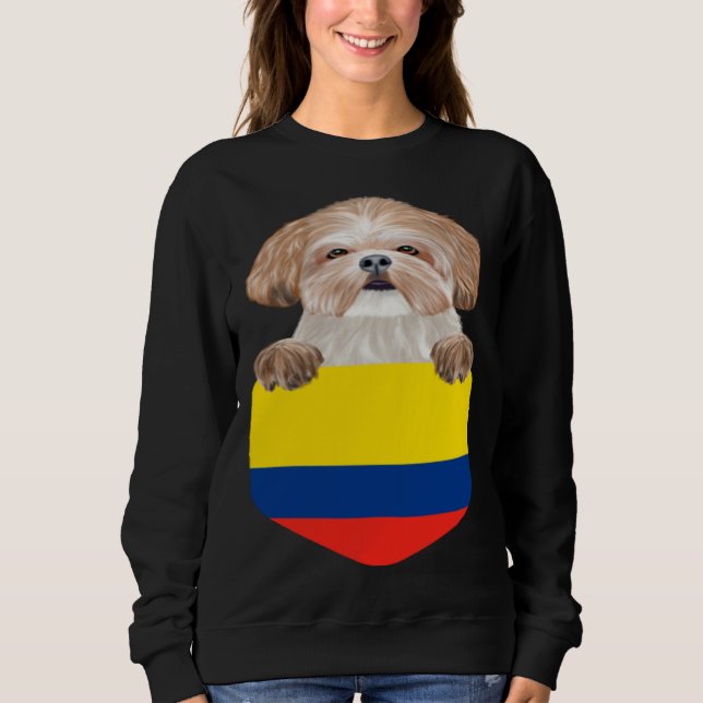 Colombia Flag Shih Tzu Dog In Pocket Sweatshirt (Front)
