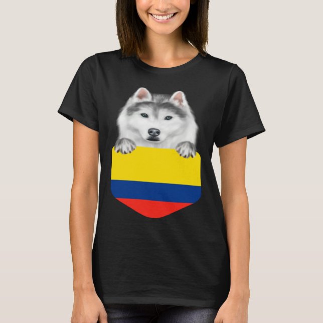Colombia Flag Siberian Husky Dog In Pocket T-Shirt (Front)