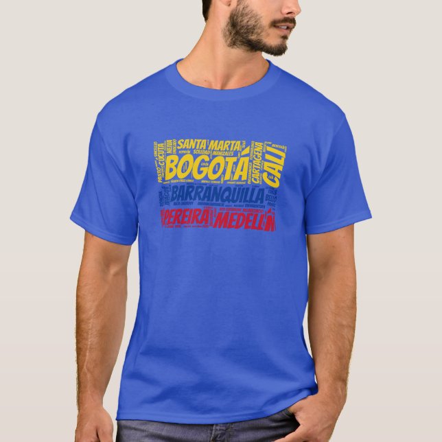 Colombia Flag with City Names Word Art T-Shirt (Front)