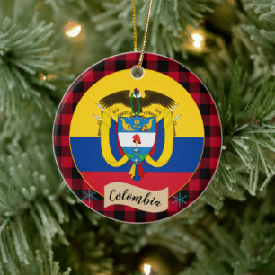 Colombia, Red buffalo plaid & Colombian Flag Ceramic Ornament