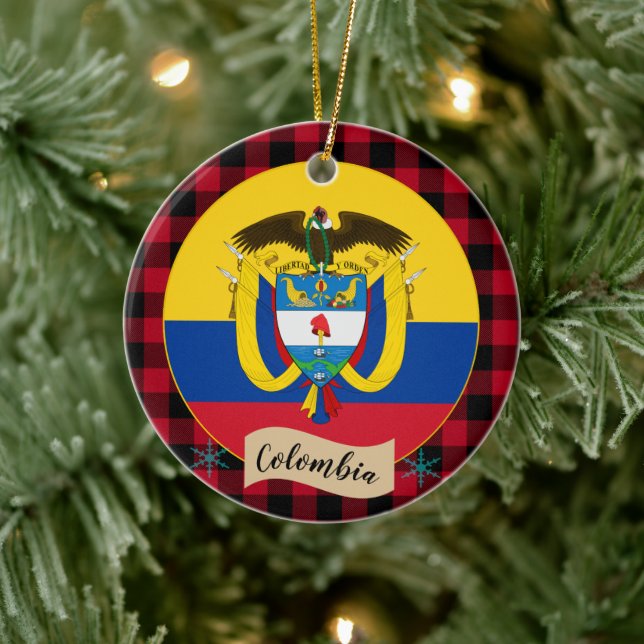 Colombia, Red buffalo plaid & Colombian Flag Ceramic Ornament (Tree)
