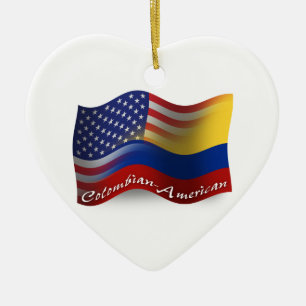 Colombian-American Waving Flag Ceramic Tree Decoration