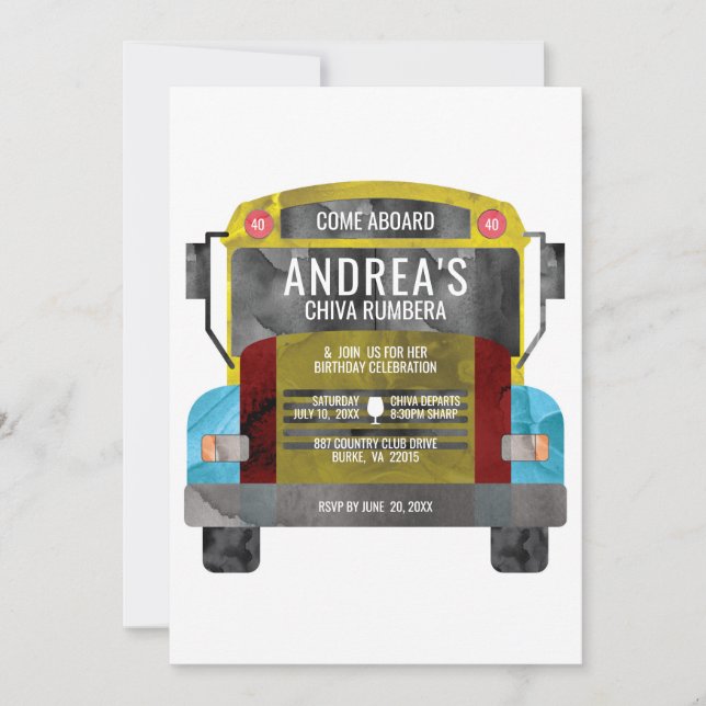 Colombian Chiva Rumbera Pachangera Party Bus Invitation (Front)
