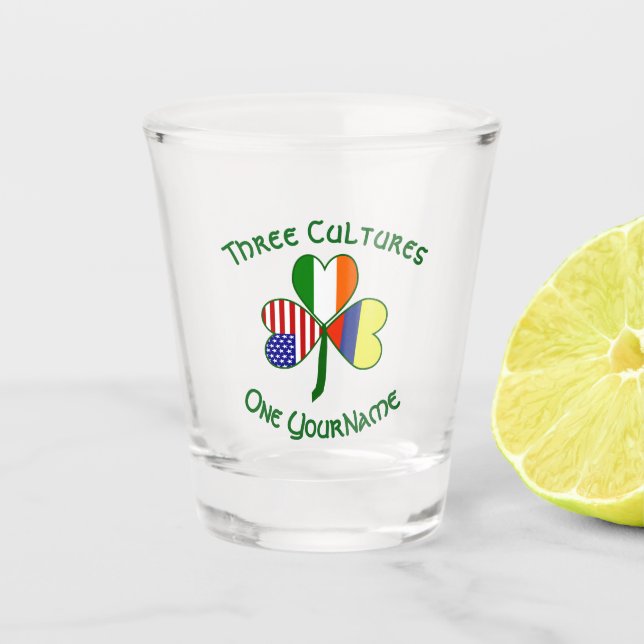 Colombian Irish USA Flags Shamrock Personalised Shot Glass (Front)