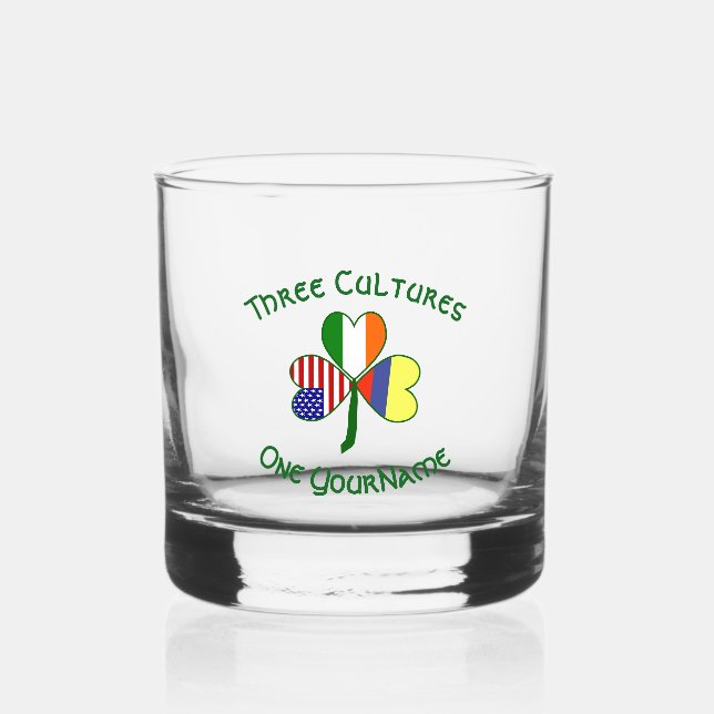 Colombian Irish USA Flags Shamrock Personalised  Whiskey Glass (Front)