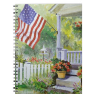 Colonial Country Home American Flag Front Porch