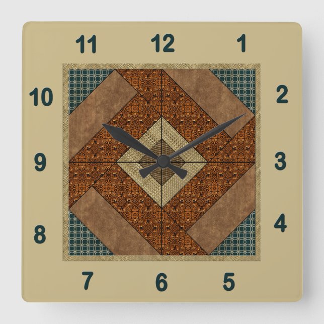 Colonial Pavement Quilt Block Rust & Dark Green Square Wall Clock (Front)