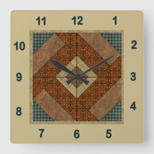 Colonial Pavement Quilt Block Rust & Dark Green Square Wall Clock