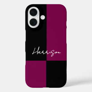 Color Block Burgundy Black Minimal Custom Name iPhone 16 Case