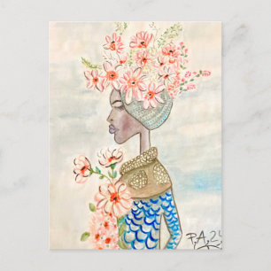 color girl with flowers illustration postcard