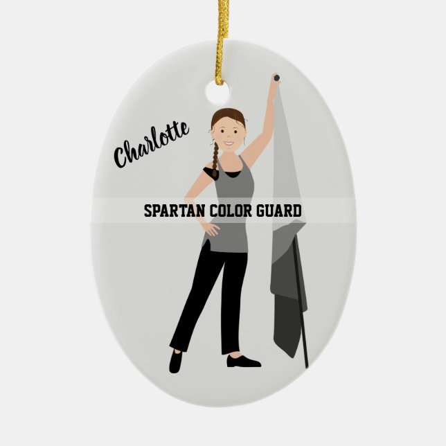 Color Guard Brunette Hair Gray & Black Ceramic Ornament (Front)