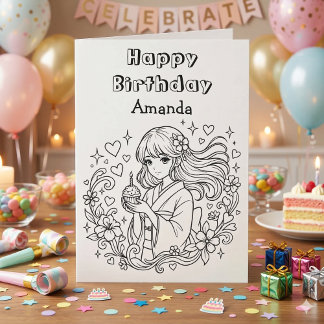 Color Me | Anime Girl and Cupcake Birthday Card