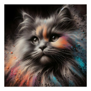 Color Splash Abstract Feline Art Long-Haired Cat  Poster