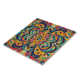 Color Symphony Mandala – Bold Psychedelic Floral Ceramic Tile