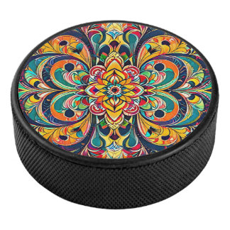 Color Symphony Mandala – Bold Psychedelic Floral Hockey Puck