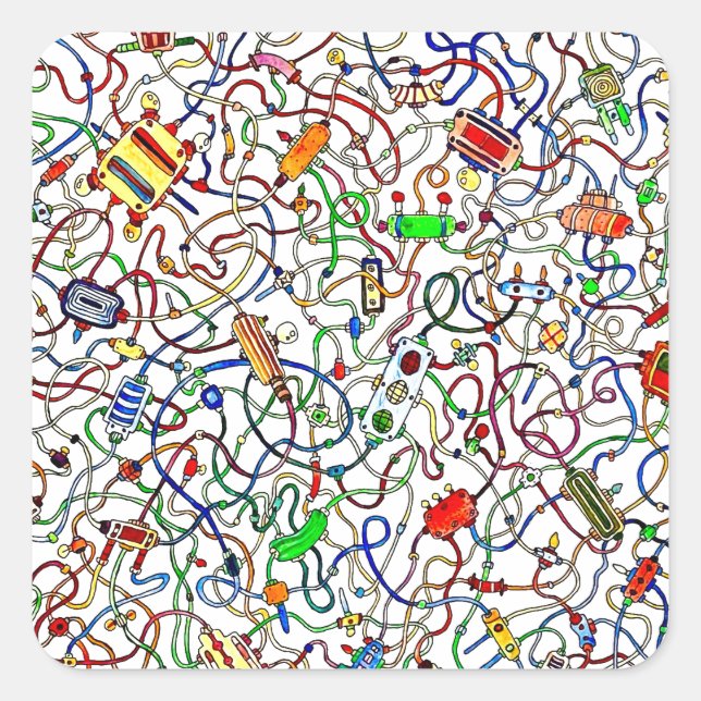 Color Tangled Electrical Wiring Cartoon Square Sticker (Front)