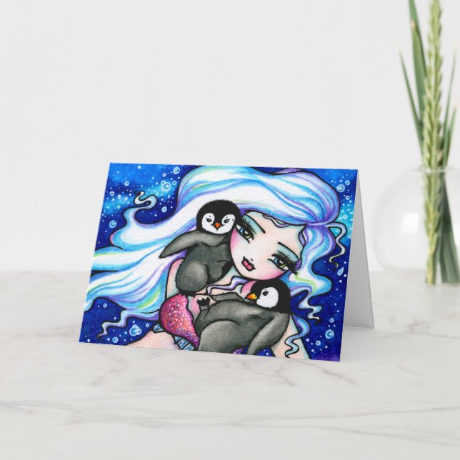 COLOR YOUR OWN Mermaid Penguin Christmas Card (Front)