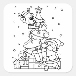 Color Your Own Santa and Reindeer  Square Sticker