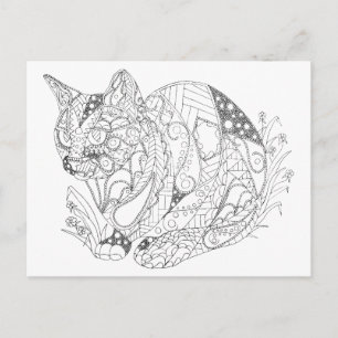 Colorable Cat Abstract Art Drawing for Colouring Postcard
