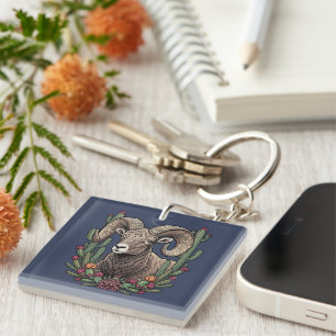 Colorado Bighorn Sheep And Claret Cup Cactus Key Ring