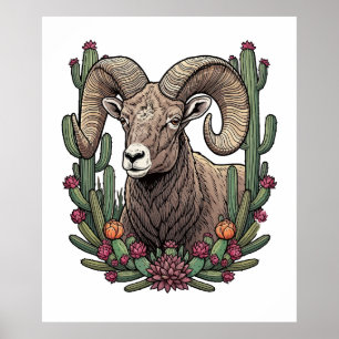 Colorado Bighorn Sheep And Claret Cup Cactus Poster