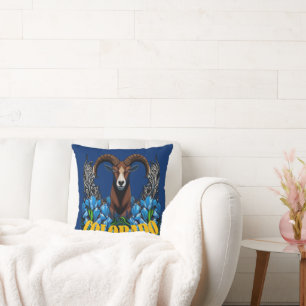 Colorado Bighorn Sheep With Blue Columbine Flowers Cushion